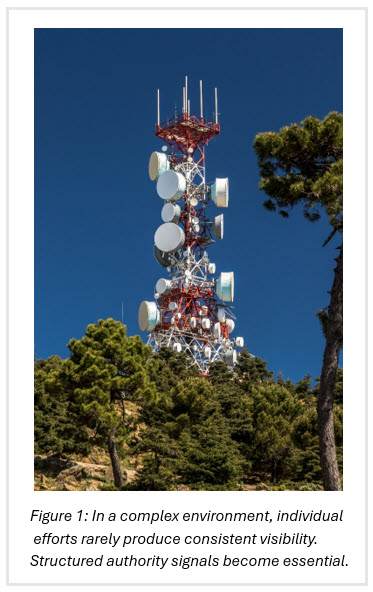 Figure 1 In a complex environment, individual
 efforts rarely produce consistent visibility. 
Structured authority signals become essential