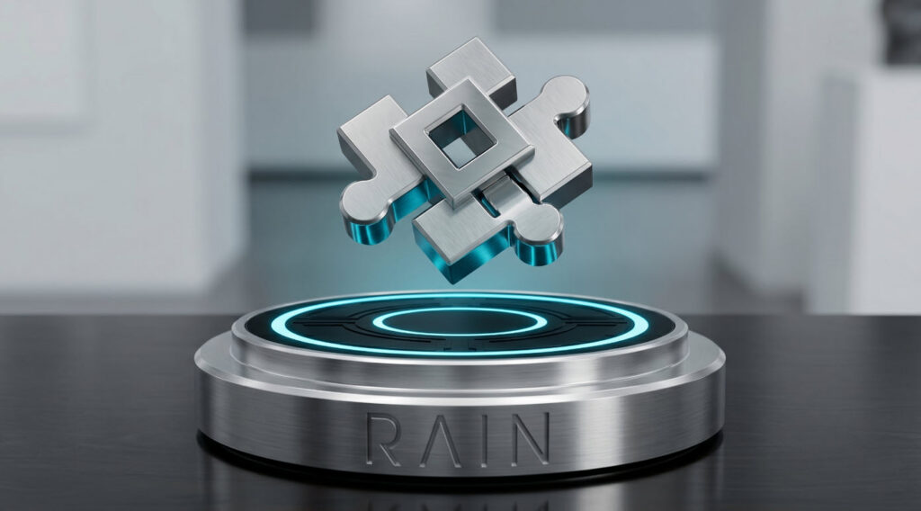 Rain 3D Puzzle Piece Suspended above a base with Rain Logo