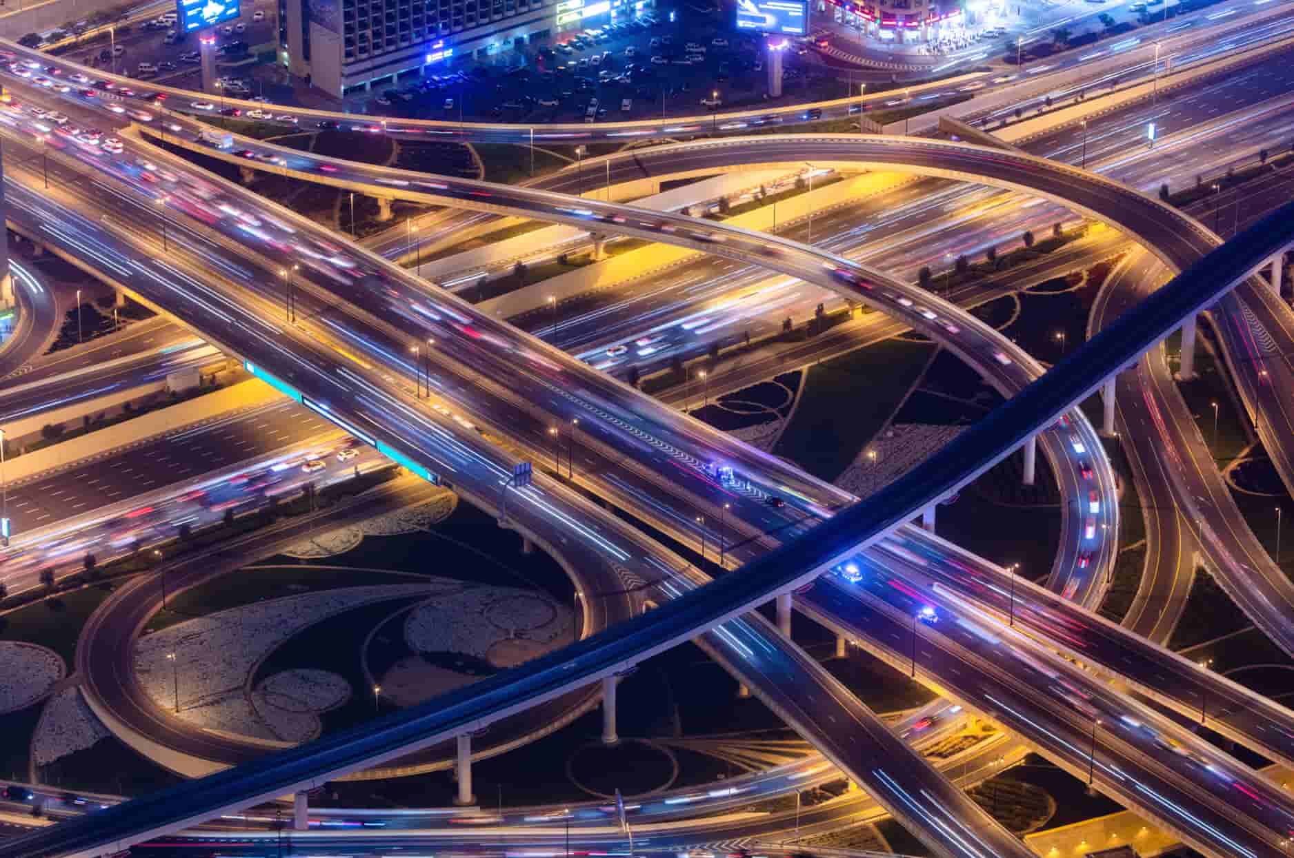 A complex highway interchange representing the Internet as a navigation system